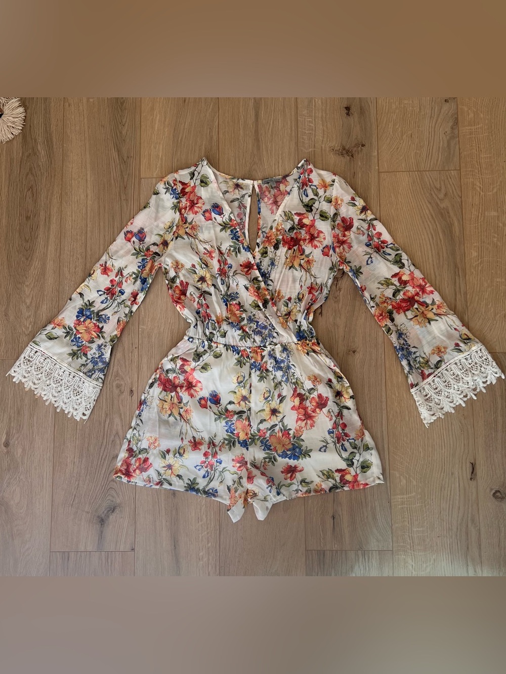 Charlotte Russe Floral Lace-Trim Romper in Cream